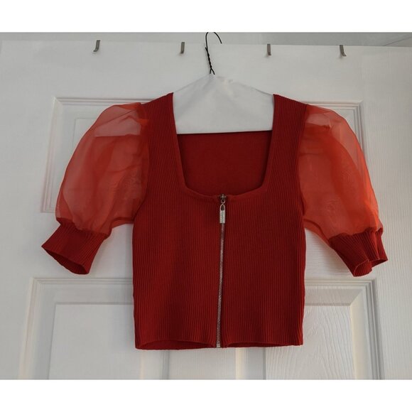 Balboa Zip Up Crop Top Red Puff Sleeves Size Small - Picture 1 of 7